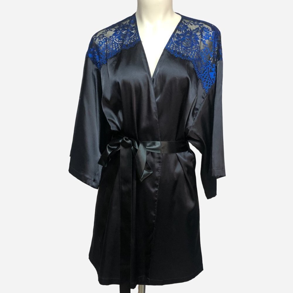 LA Senza Midnight Blue & Royal Blue Lace Satin Kimono Robe Size Sm-Med